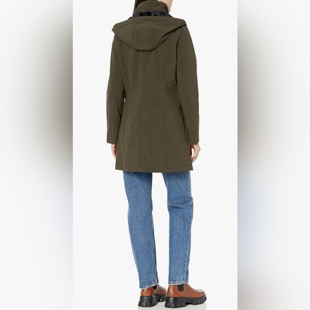 DKNY Women Olive Outerwear Softshell Hooded Long Jacket Velboa Lined Size Small - Picture 2 of 15